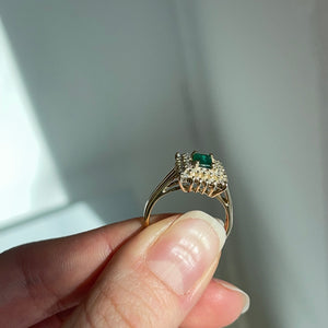 Estate 14KT Yellow Gold Emerald-Cut Lab Emerald + Double Diamond Halo Ring
