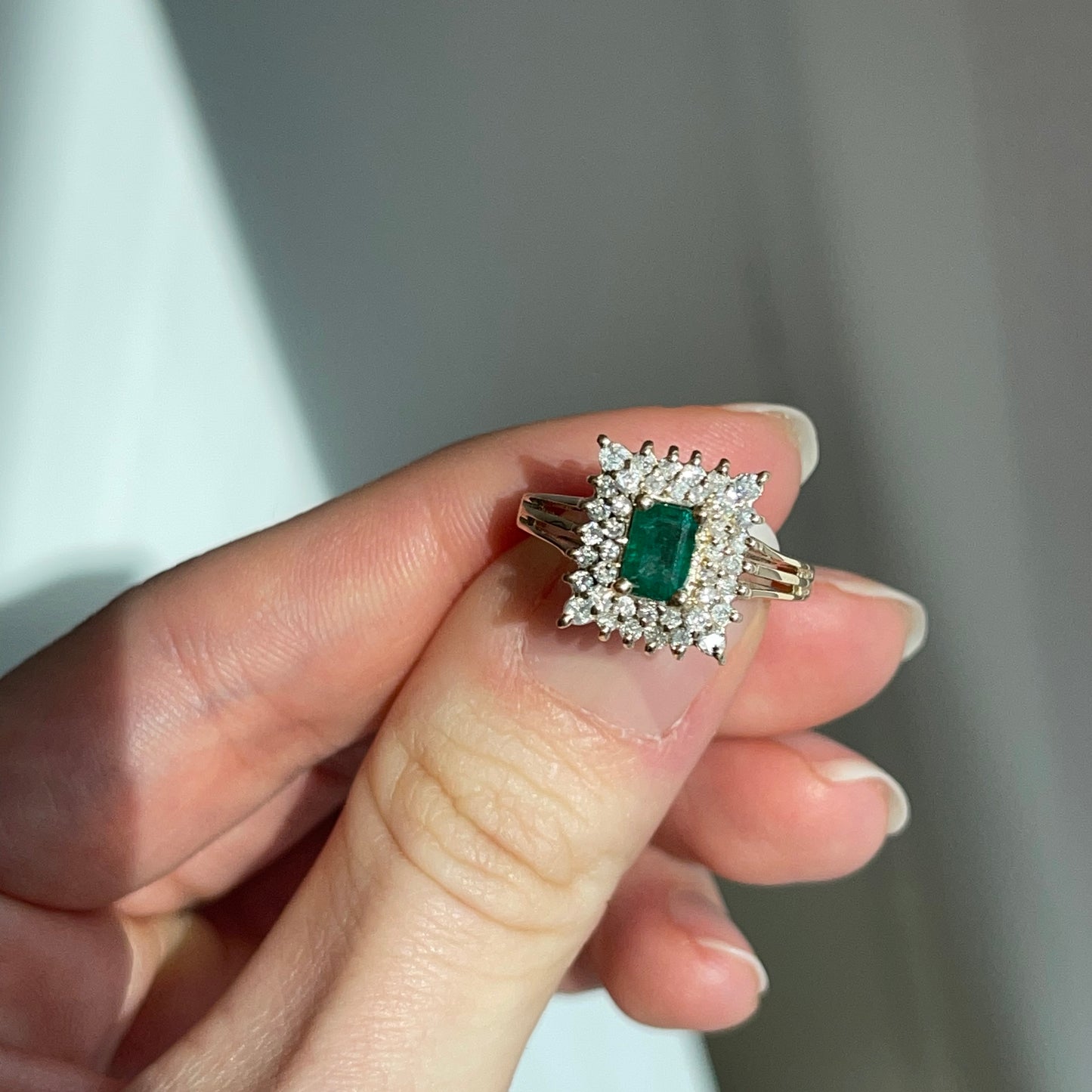 Estate 14KT Yellow Gold Emerald-Cut Lab Emerald + Double Diamond Halo Ring
