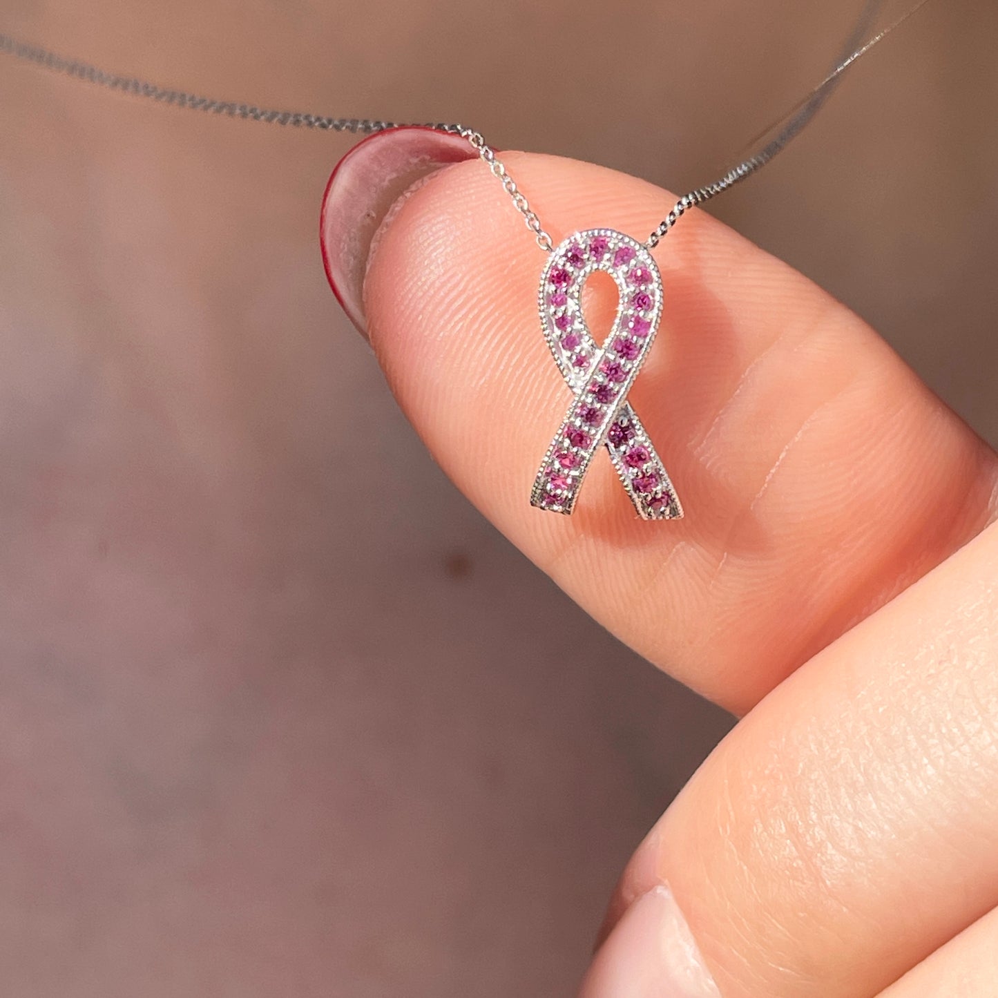 14KT White Gold Pave Pink Sapphire Breast Cancer Awareness Ribbon Mini Pendant Slide
