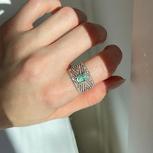 Load image into Gallery viewer, 14KT White Gold Oval Colombian Emerald + Pave Diamond Chevron Band Ring