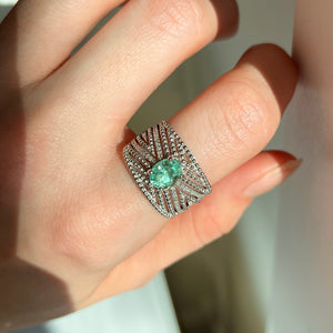 14KT White Gold Oval Colombian Emerald + Pave Diamond Chevron Band Ring