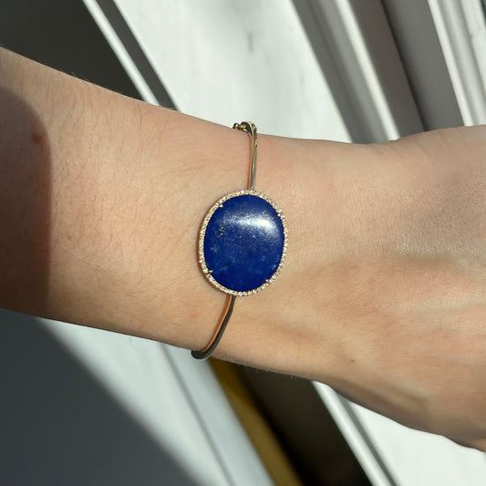 Estate 14KT Yellow Gold Oval Lapis Diamond Halo Bangle Bracelet