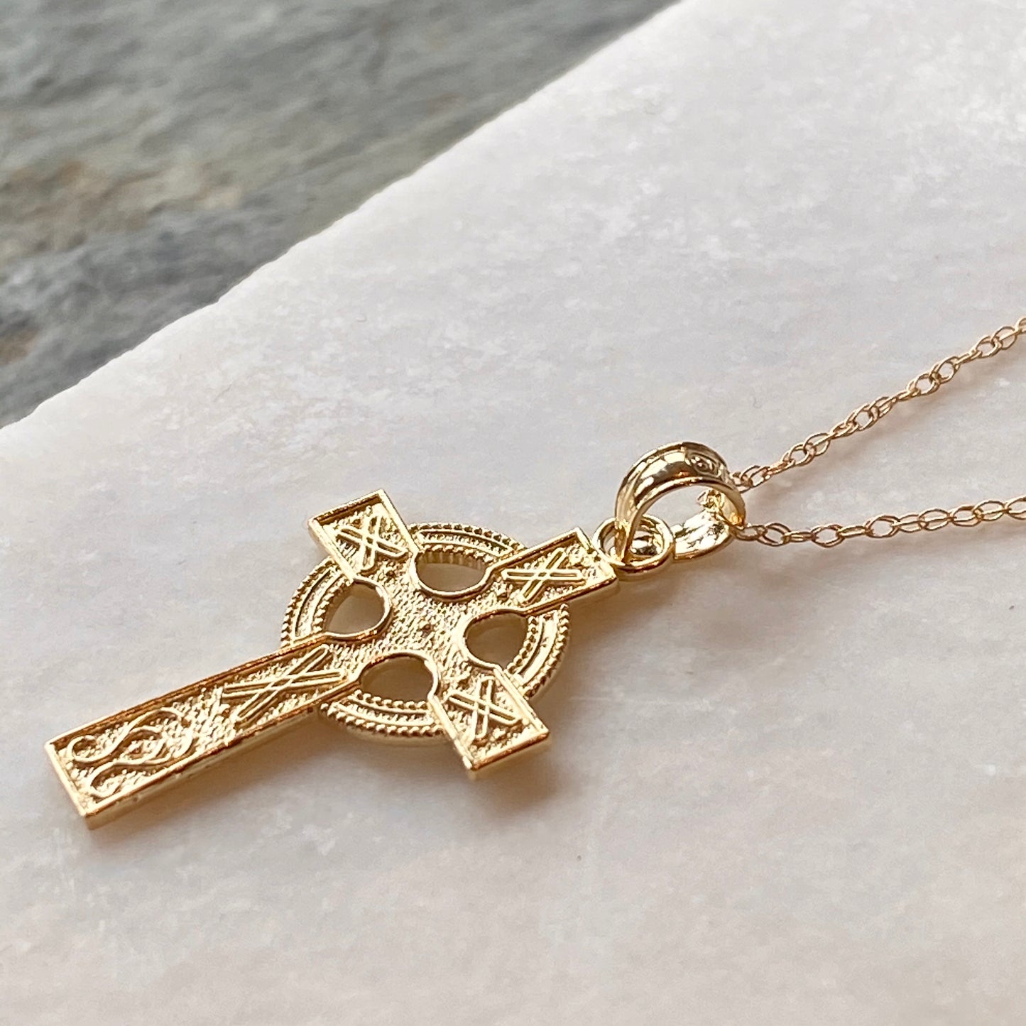 14KT Yellow Gold Textured Celtic Cross Pendant Chain Necklace, 14KT Yellow Gold Textured Celtic Cross Pendant Chain Necklace - Legacy Saint Jewelry