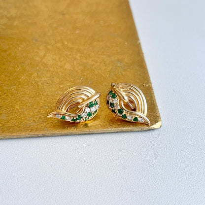 Estate 14KT Yellow Gold Teardrop Emerald + Diamond Omega Clip-On Earrings