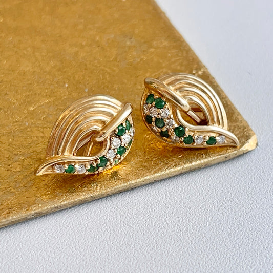 Estate 14KT Yellow Gold Teardrop Emerald + Diamond Omega Clip-On Earrings