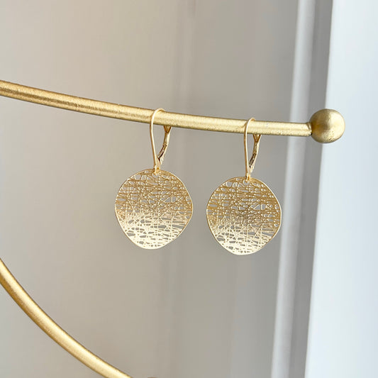 14KT Yellow Gold Matte Cobweb Disc Lever Back Earrings 20mm