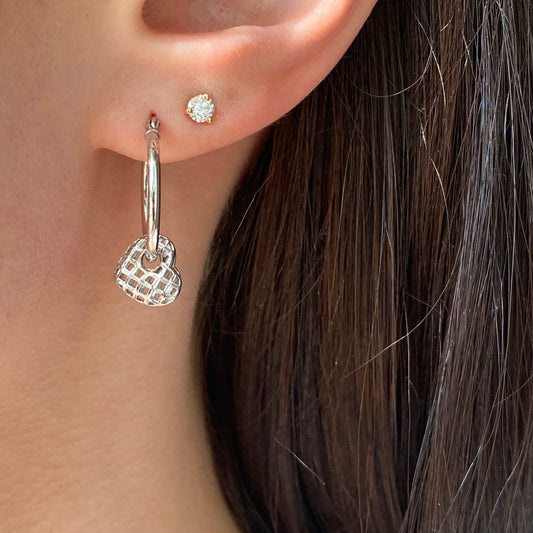 Sterling Silver Diamond-Cut Weave Heart Charm Hoop Earrings
