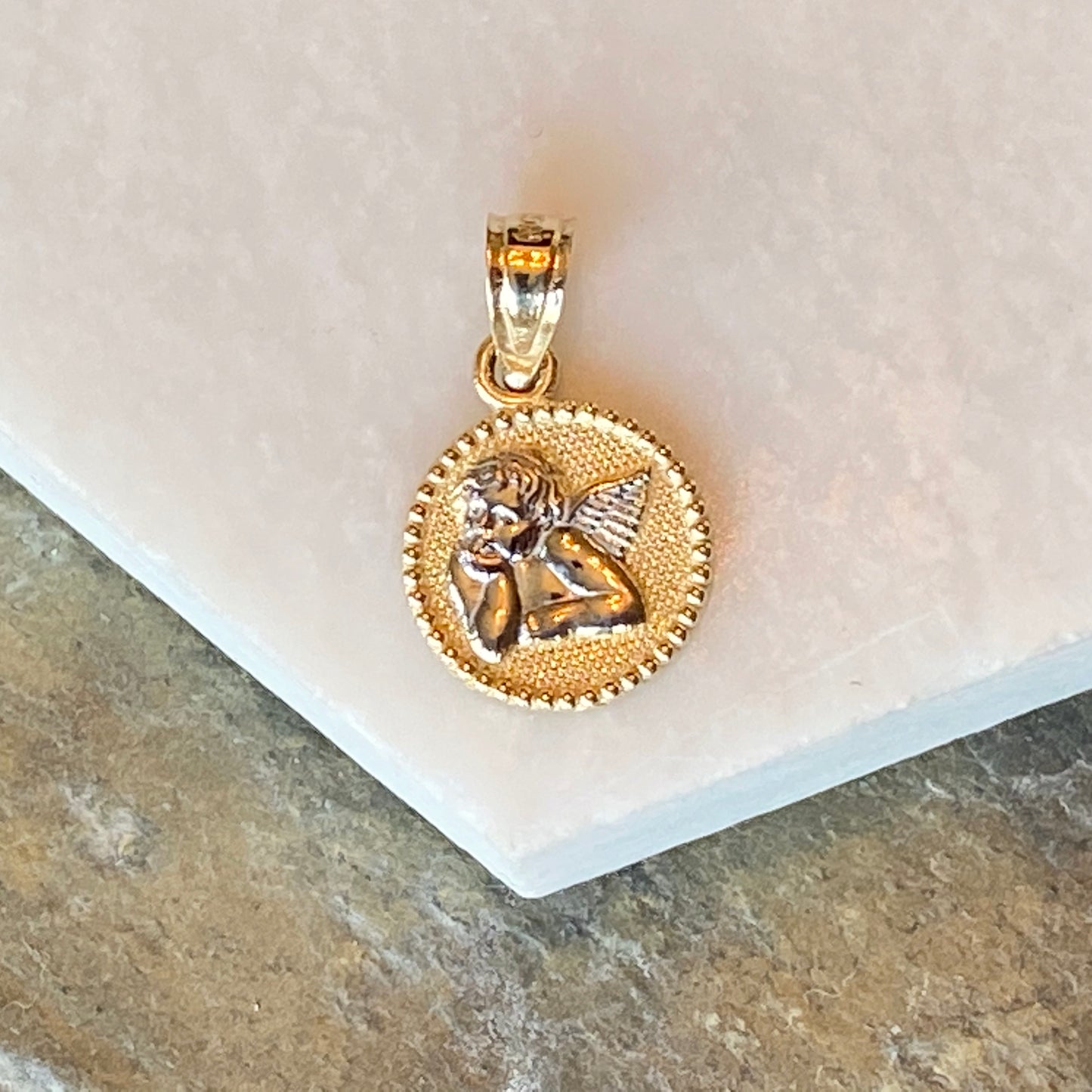 Two-Tone 10KT Yellow Gold + White Rhodium Guardian Angel Baby Round Medal Pendant Charm, Two-Tone 10KT Yellow Gold + White Rhodium Guardian Angel Baby Round Medal Pendant Charm - Legacy Saint Jewelry
