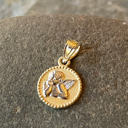 Two-Tone 10KT Yellow Gold + White Rhodium Guardian Angel Baby Round Medal Pendant Charm, Two-Tone 10KT Yellow Gold + White Rhodium Guardian Angel Baby Round Medal Pendant Charm - Legacy Saint Jewelry