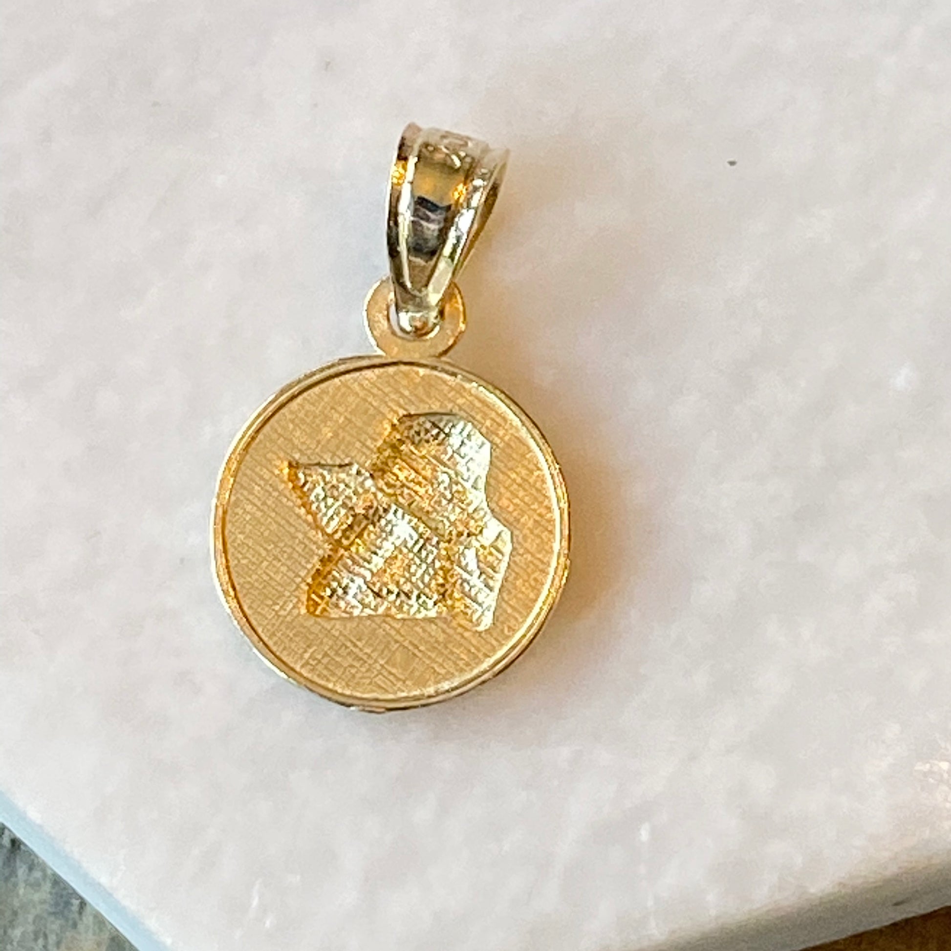 Solid 14k Yellow Gold Round Guardian Angel Medallion