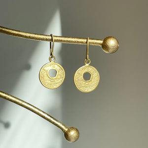 14KT Yellow Gold Matte Coin Design Round Dangle Earrings