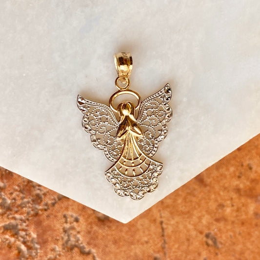 Two-Tone 14KT Yellow Gold + White Rhodium Filigree Guardian Angel Pendant, Two-Tone 14KT Yellow Gold + White Rhodium Filigree Guardian Angel Pendant - Legacy Saint Jewelry