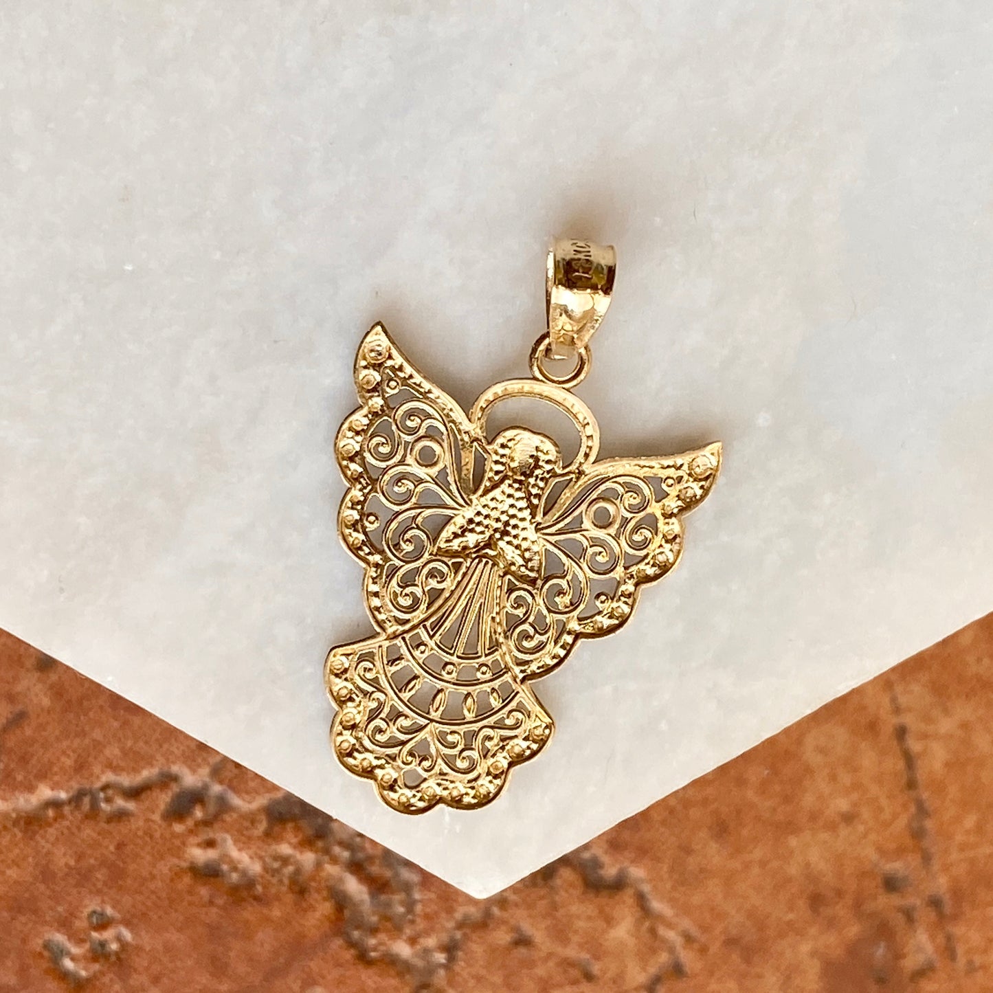 Two-Tone 14KT Yellow Gold + White Rhodium Filigree Guardian Angel Pendant Chain Necklace, Two-Tone 14KT Yellow Gold + White Rhodium Filigree Guardian Angel Pendant Chain Necklace - Legacy Saint Jewelry