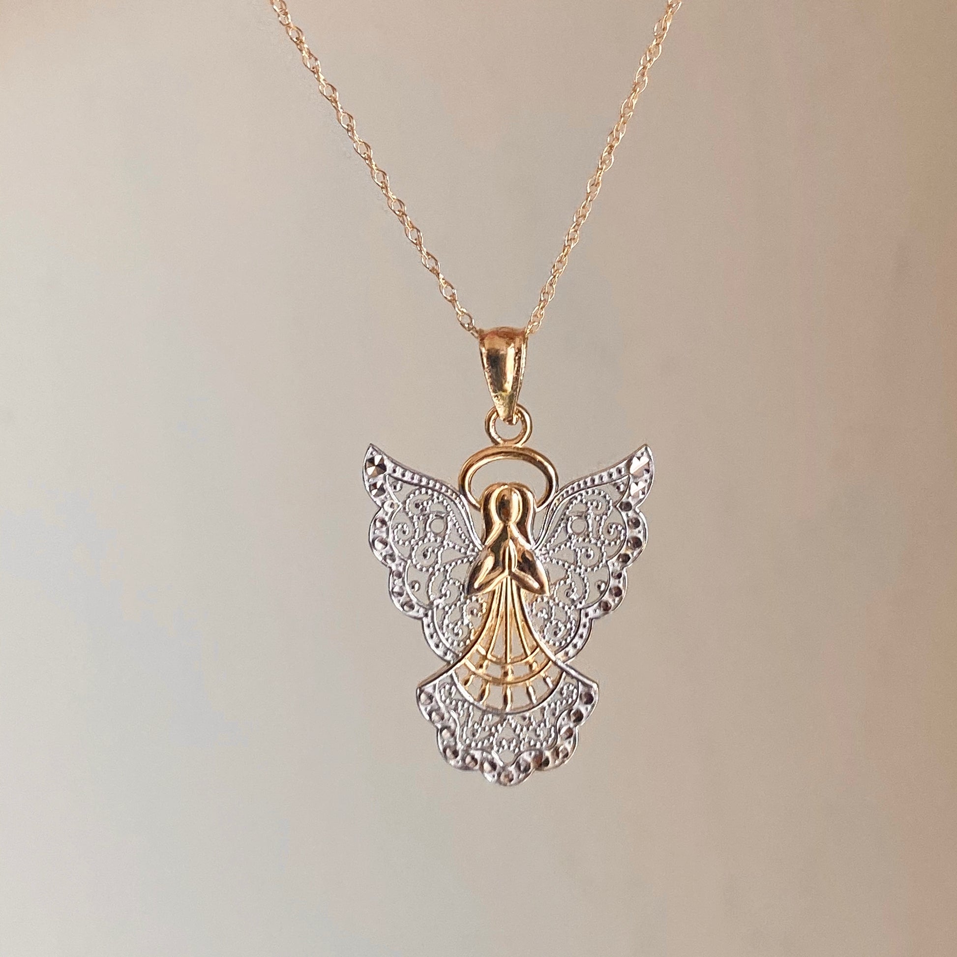 Two-Tone 14KT Yellow Gold + White Rhodium Filigree Guardian Angel Pendant Chain Necklace, Two-Tone 14KT Yellow Gold + White Rhodium Filigree Guardian Angel Pendant Chain Necklace - Legacy Saint Jewelry