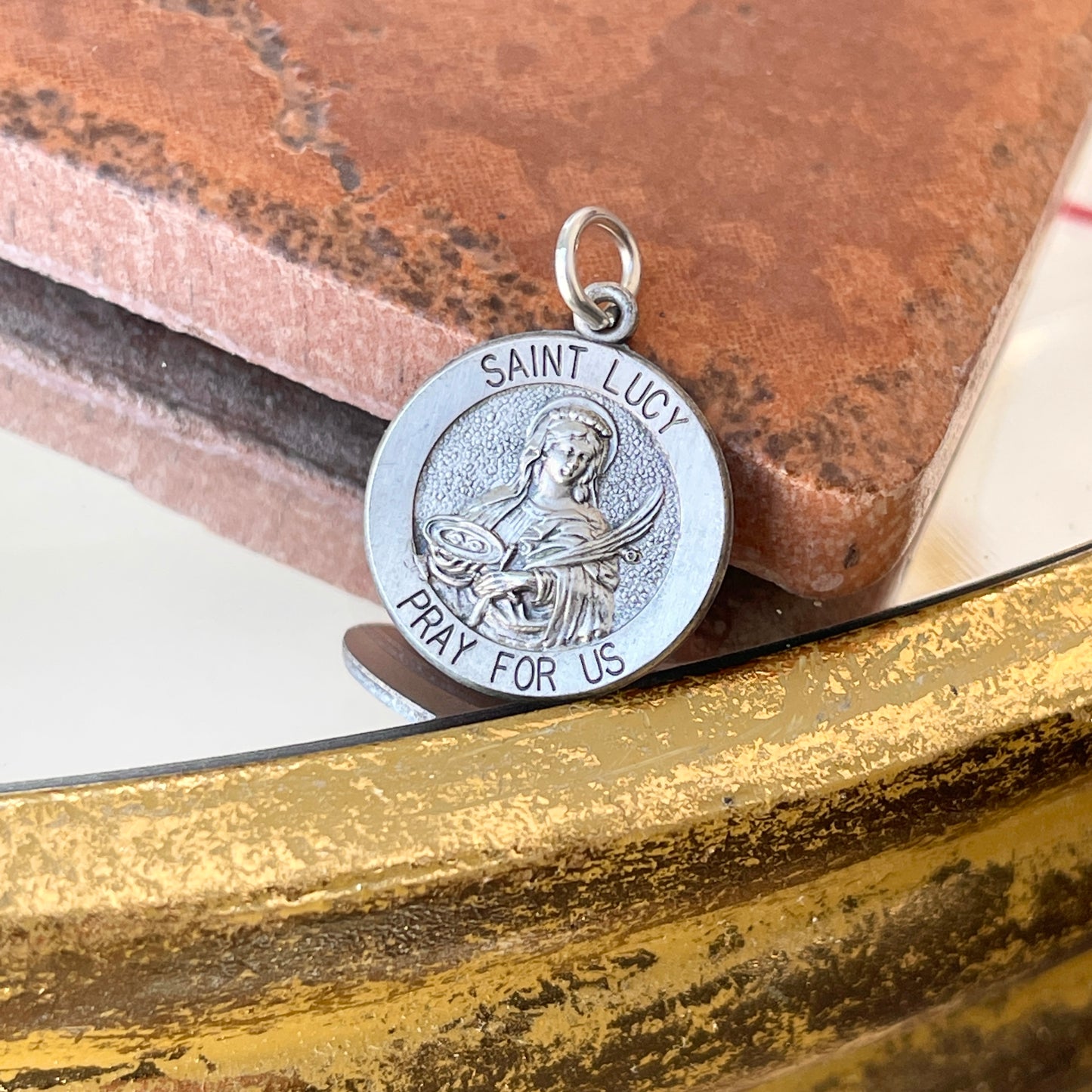 Sterling Silver Antiqued Saint Lucy Round Medal Pendant Charm 18mm