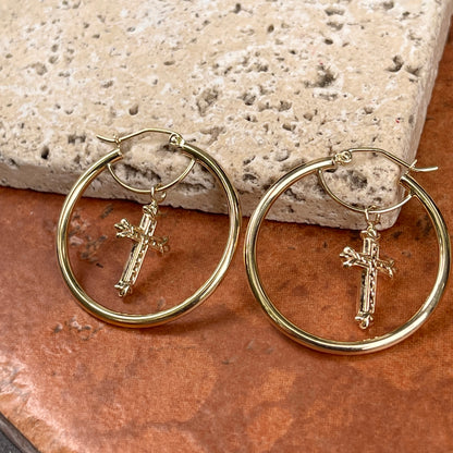 14KT Yellow Gold Cross Charm Hoop Earrings 31mm