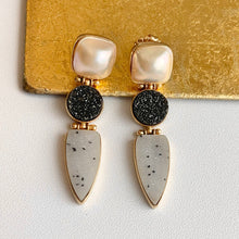 Load image into Gallery viewer, Estate Cambros 14KT Yellow Gold Druzy Geode and Mabe Pearl Dangle Earrings