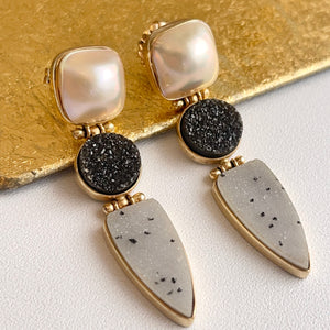 Estate Cambros 14KT Yellow Gold Druzy Geode and Mabe Pearl Dangle Earrings