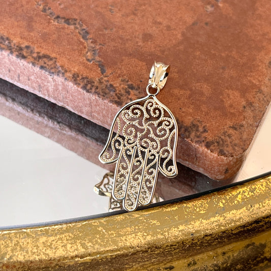 14KT Yellow Gold Filigree Textured Hamsa Pendant