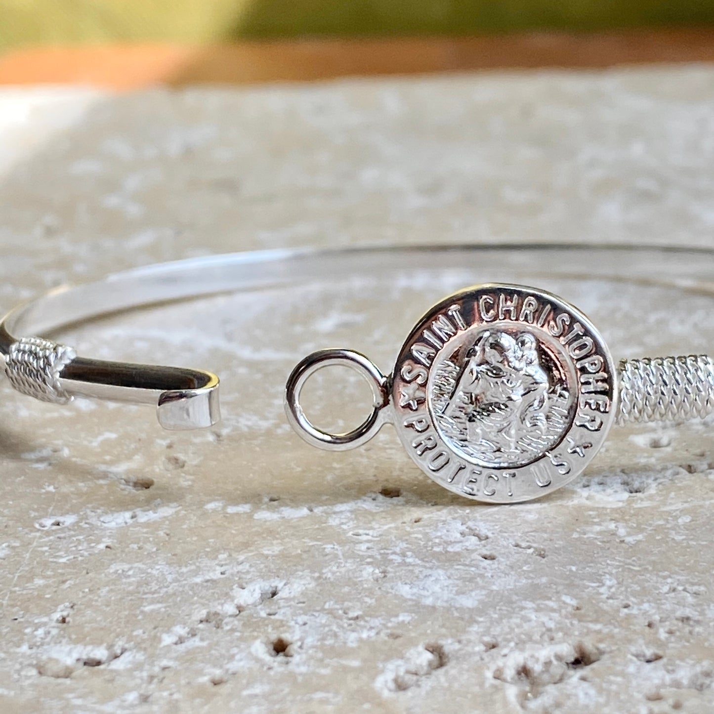 Sterling Silver Polished St Christopher Medal Thin Bangle Bracelet, Sterling Silver Polished St Christopher Medal Thin Bangle Bracelet - Legacy Saint Jewelry