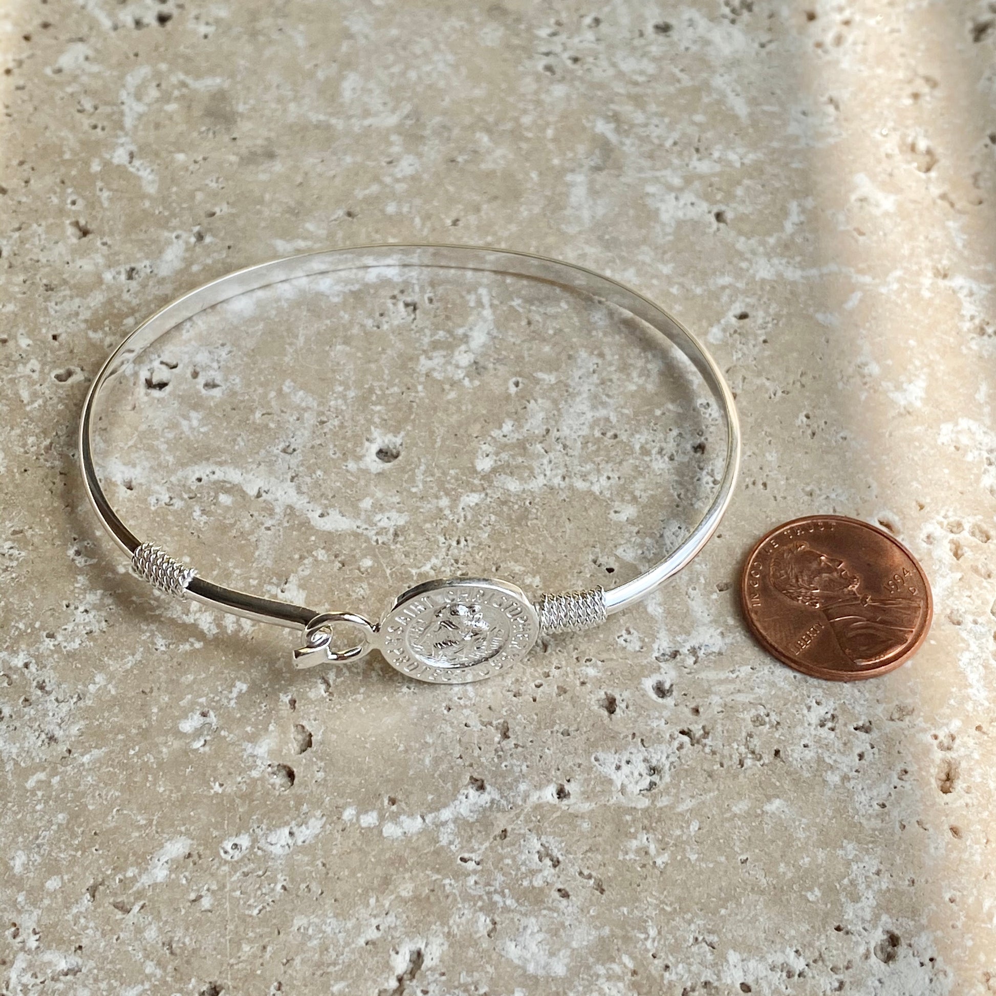 Sterling Silver Polished St Christopher Medal Thin Bangle Bracelet, Sterling Silver Polished St Christopher Medal Thin Bangle Bracelet - Legacy Saint Jewelry