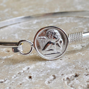 Sterling Silver Polished Guardian Baby Angel Medal Thin Bangle Bracelet, Sterling Silver Polished Guardian Baby Angel Medal Thin Bangle Bracelet - Legacy Saint Jewelry