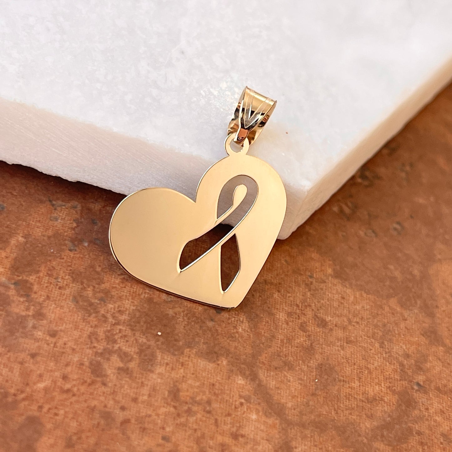 14KT Yellow Gold Heart Cut-Out Awareness Ribbon Pendant Charm