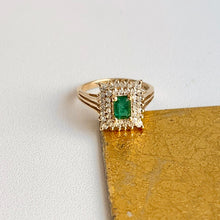 Load image into Gallery viewer, Estate 14KT Yellow Gold Emerald-Cut Lab Emerald + Double Diamond Halo Ring