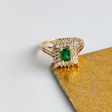 Load image into Gallery viewer, Estate 14KT Yellow Gold Emerald-Cut Lab Emerald + Double Diamond Halo Ring
