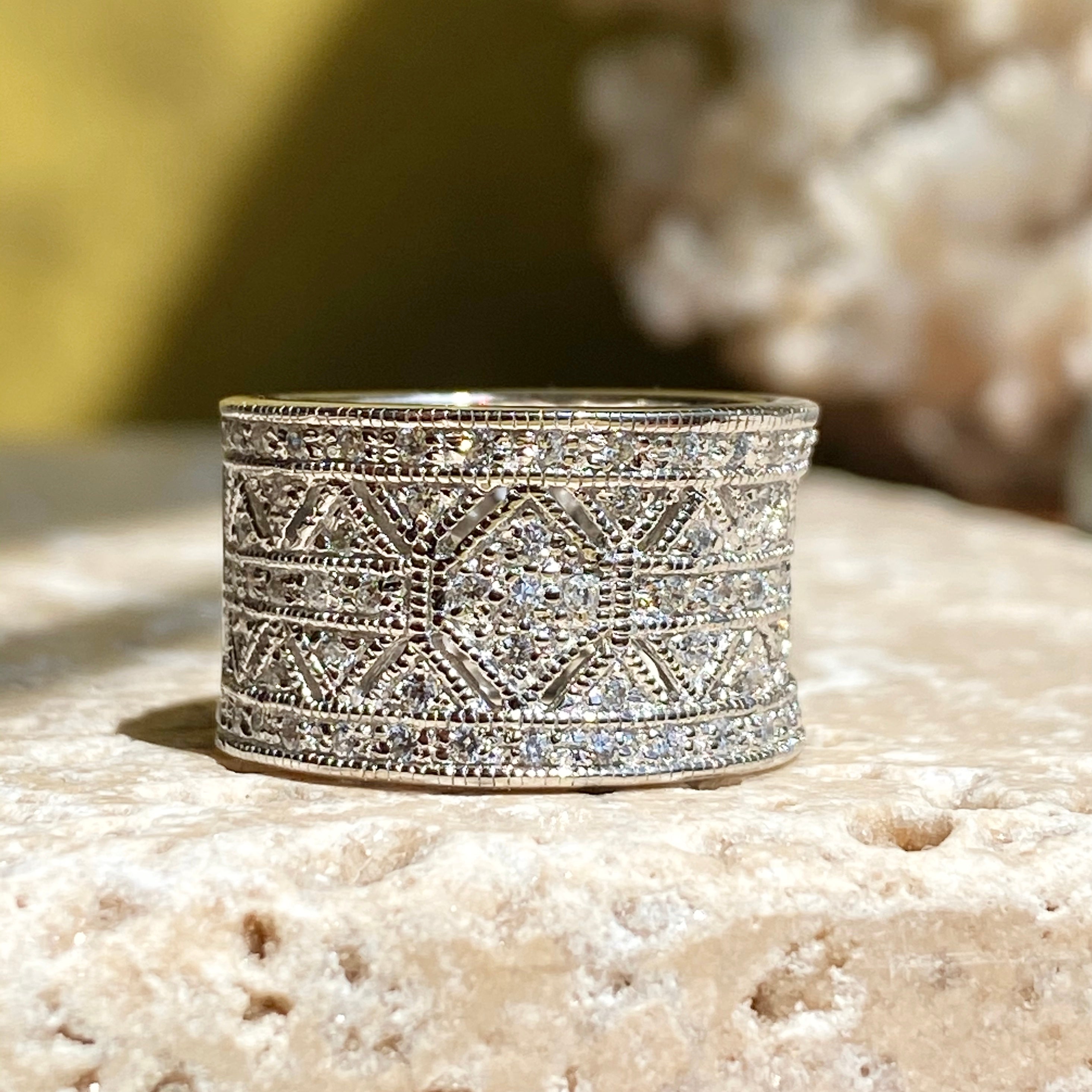Sterling Silver Micro-Pave CZ Vintage-Inspired Cigar Band Ring