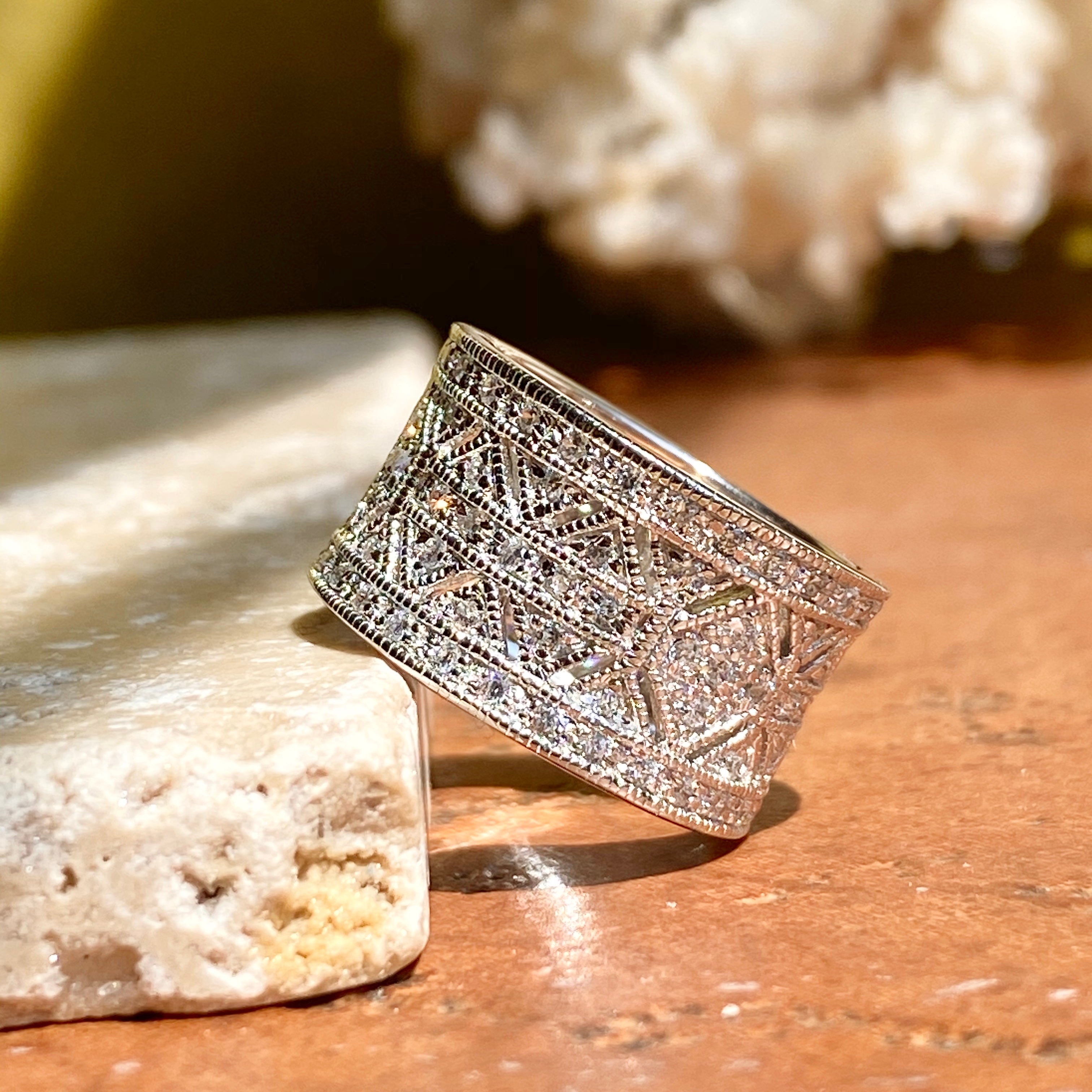 Sterling Silver Micro-Pave CZ Vintage-Inspired Cigar Band Ring