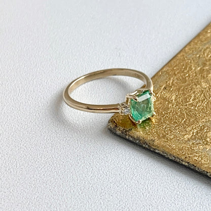 14KT Yellow Gold .94 CT Emerald-Cut Colombian Emerald + Diamond Accent Ring