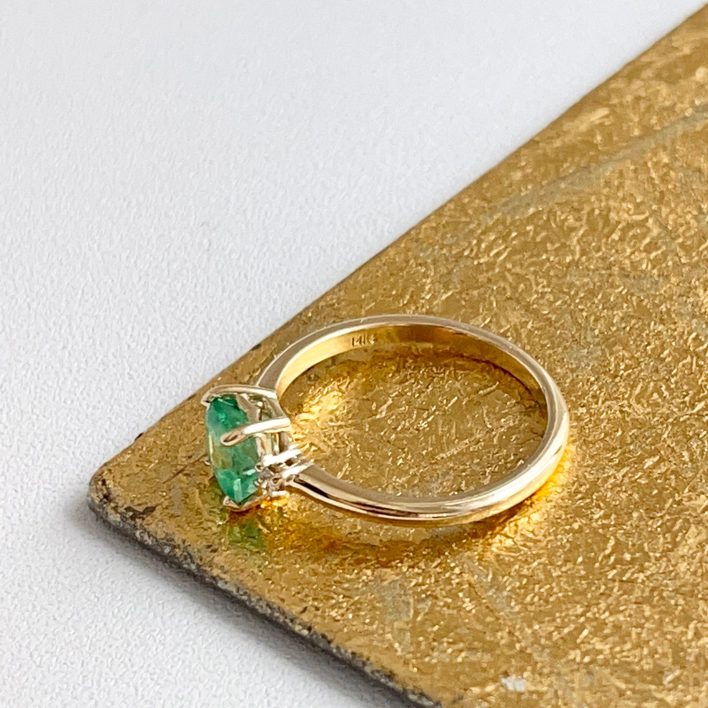 14KT Yellow Gold .94 CT Emerald-Cut Colombian Emerald + Diamond Accent Ring