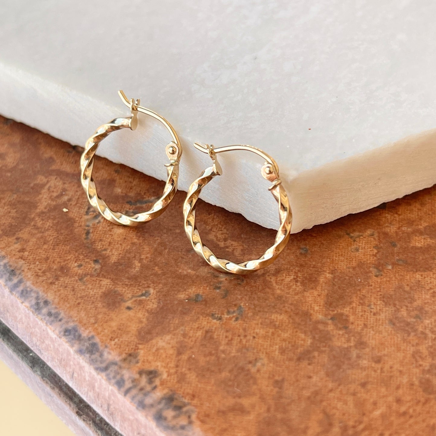 14KT Yellow Gold Twist 2mm Mini Hoop Earrings 12mm