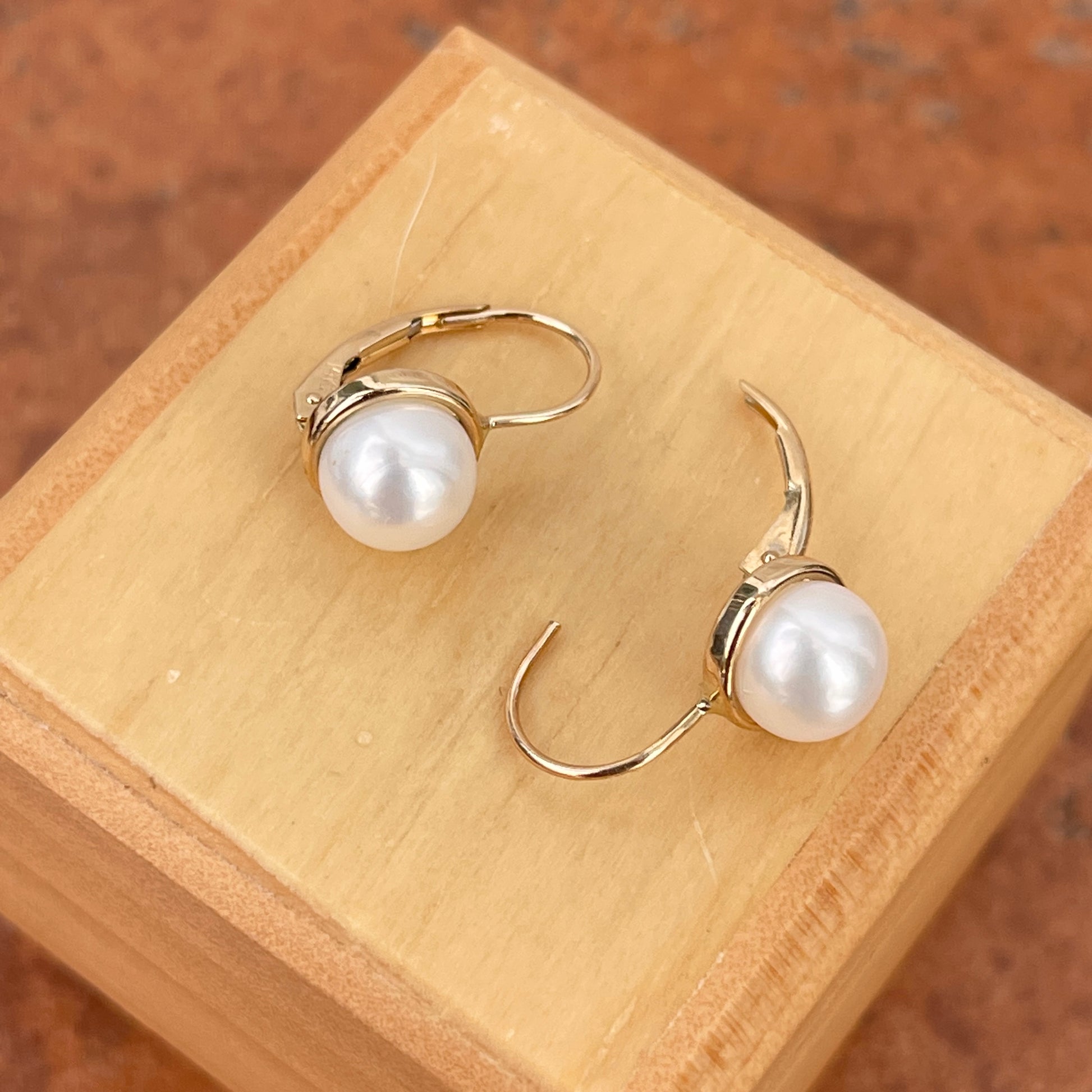 14KT Yellow Gold + Freshwater White Pearl Drop Earrings - LSJ