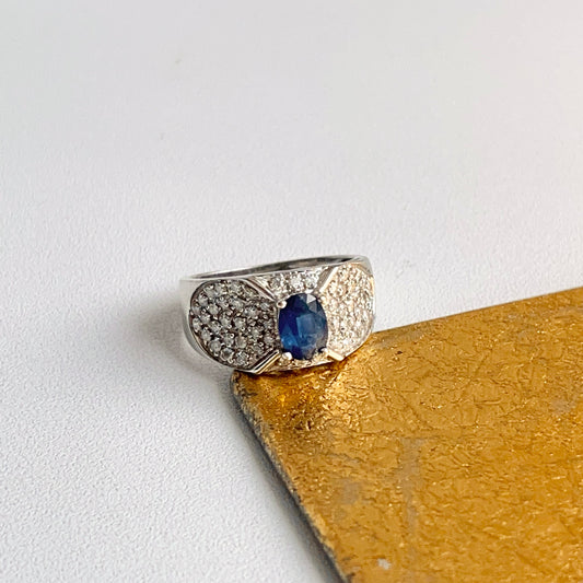 Estate 14KT White Gold Oval Blue Sapphire + Pave Diamond Cathedral Ring