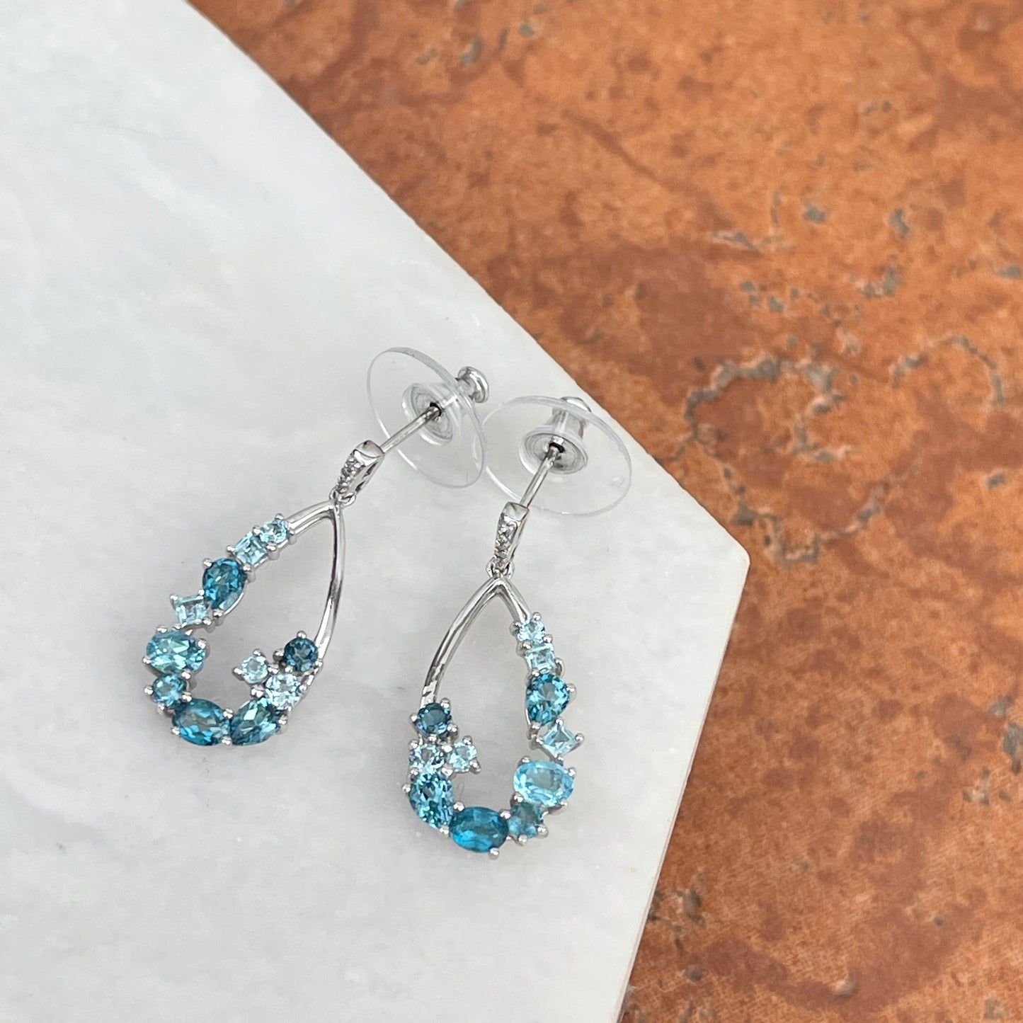 Estate 14KT White Gold Variegated Blue Topaz + Diamond Teardrop Earrings