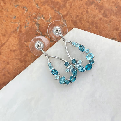 Estate 14KT White Gold Variegated Blue Topaz + Diamond Teardrop Earrings