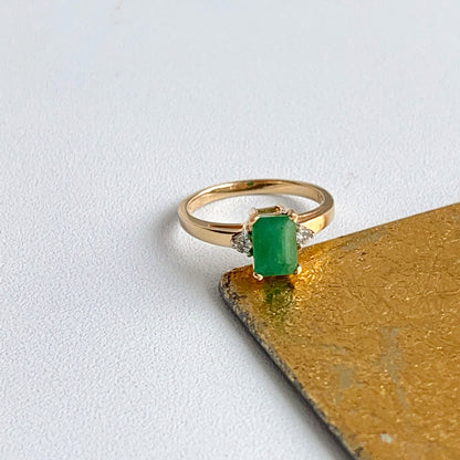 Estate 14KT Yellow Gold Emerald-Cut 1.00 CT Emerald + Diamond Ring