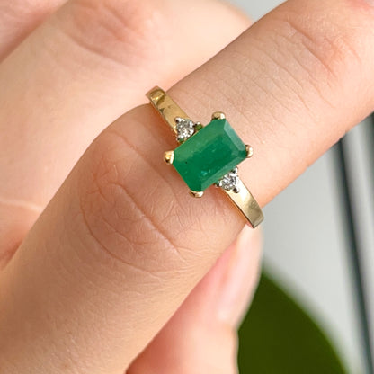 Estate 14KT Yellow Gold Emerald-Cut 1.00 CT Emerald + Diamond Ring