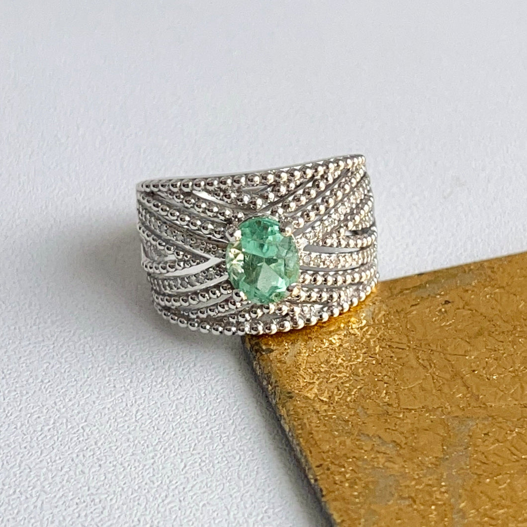14KT White Gold Oval Colombian Emerald + Pave Diamond Chevron Band Ring