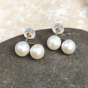 14KT Yellow Gold Double White Freshwater Pearl Stud Earrings, 14KT Yellow Gold Double White Freshwater Pearl Stud Earrings - Legacy Saint Jewelry