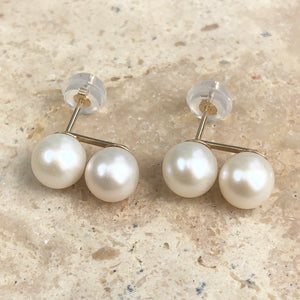 14KT Yellow Gold Double White Freshwater Pearl Stud Earrings, 14KT Yellow Gold Double White Freshwater Pearl Stud Earrings - Legacy Saint Jewelry
