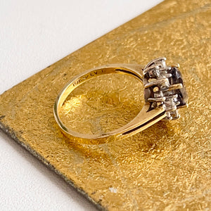 Estate 10KT Yellow Gold Oval Lab Blue Sapphire + Halo Diamond Ring