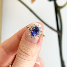 Load image into Gallery viewer, Estate 10KT Yellow Gold Oval Lab Blue Sapphire + Halo Diamond Ring