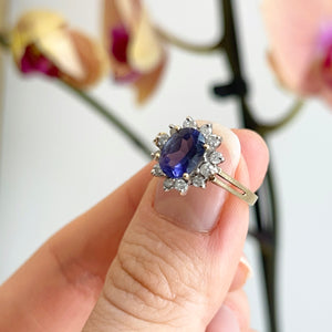 Estate 10KT Yellow Gold Oval Lab Blue Sapphire + Halo Diamond Ring