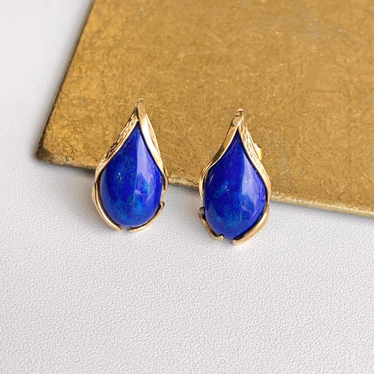 Estate 14KT Yellow Gold Teardrop Detailed Blue Lapis Earrings