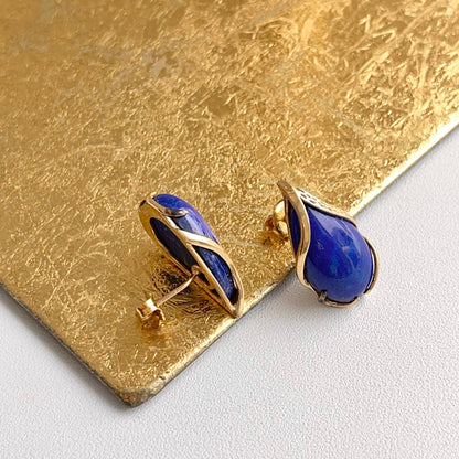 Estate 14KT Yellow Gold Teardrop Detailed Blue Lapis Earrings