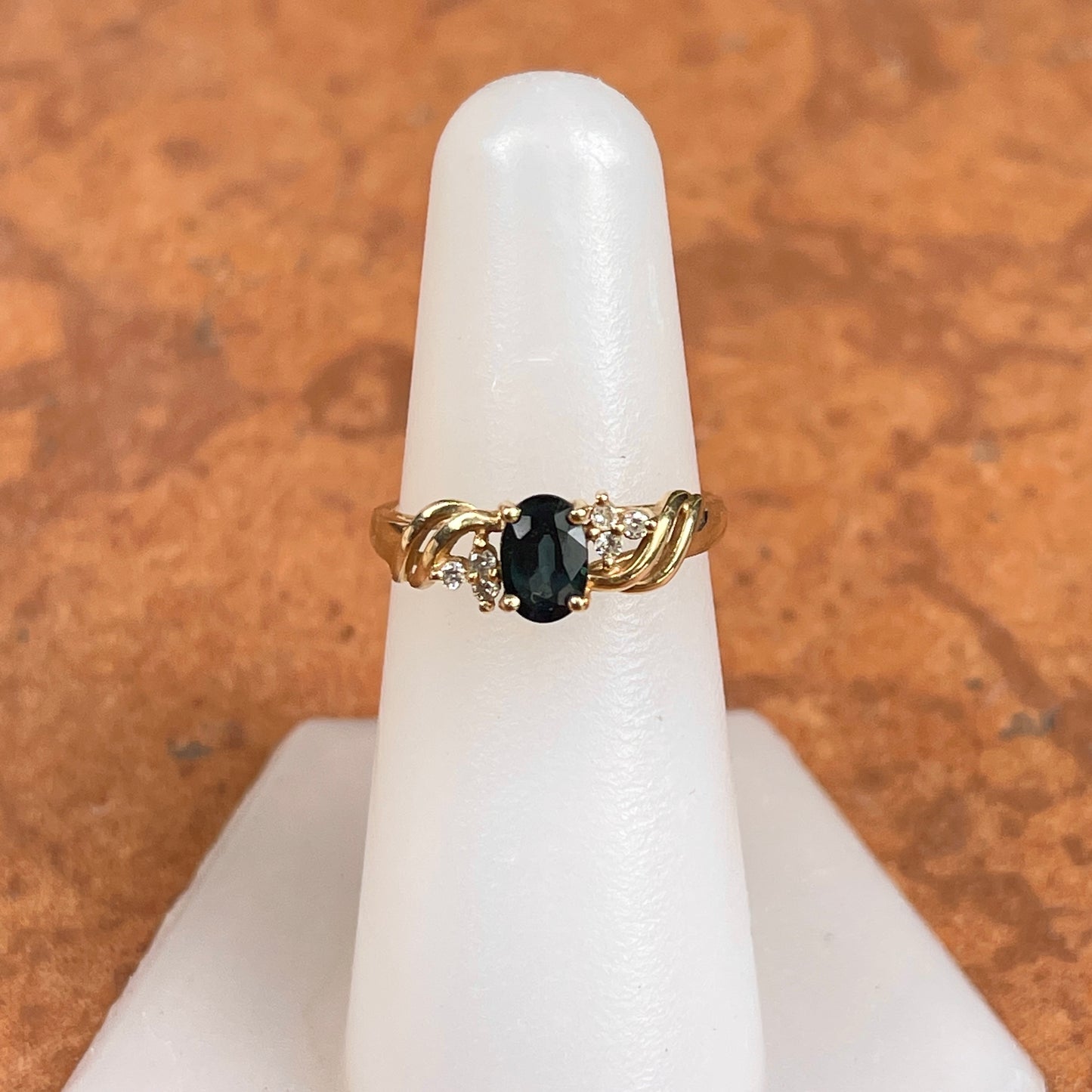 Estate 14KT Yellow Gold Oval .70 CT Blue Sapphire + Diamond Accent Ring