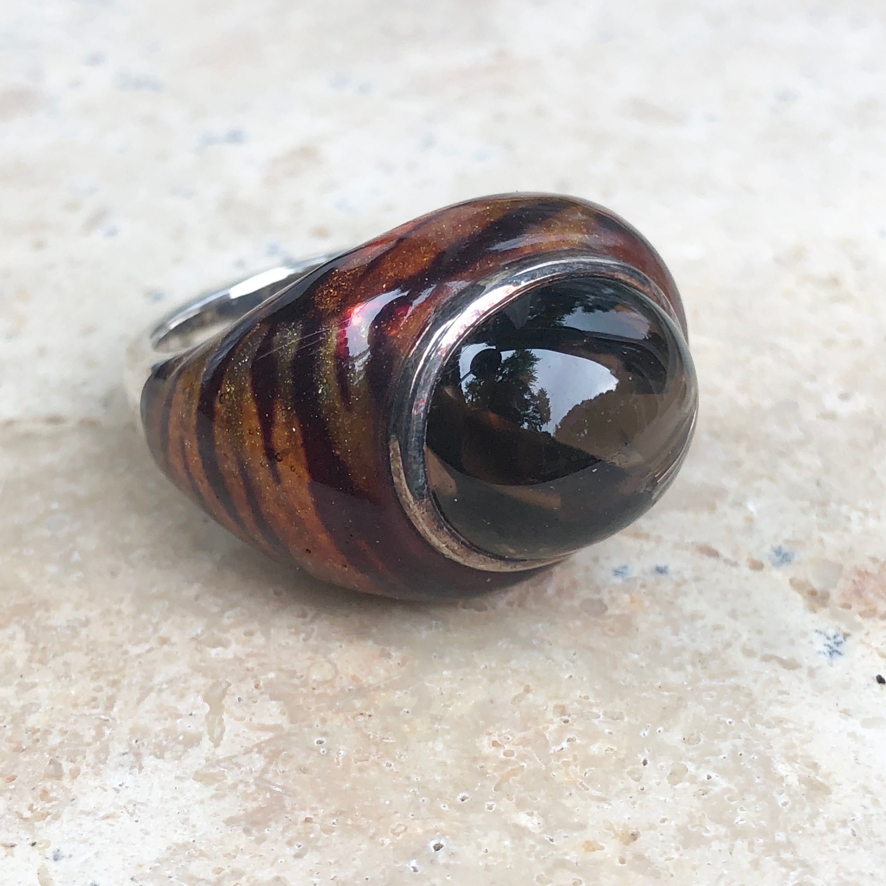 Sterling Silver Tiger Print cheapest Enamel & Smokey Quartz Ring